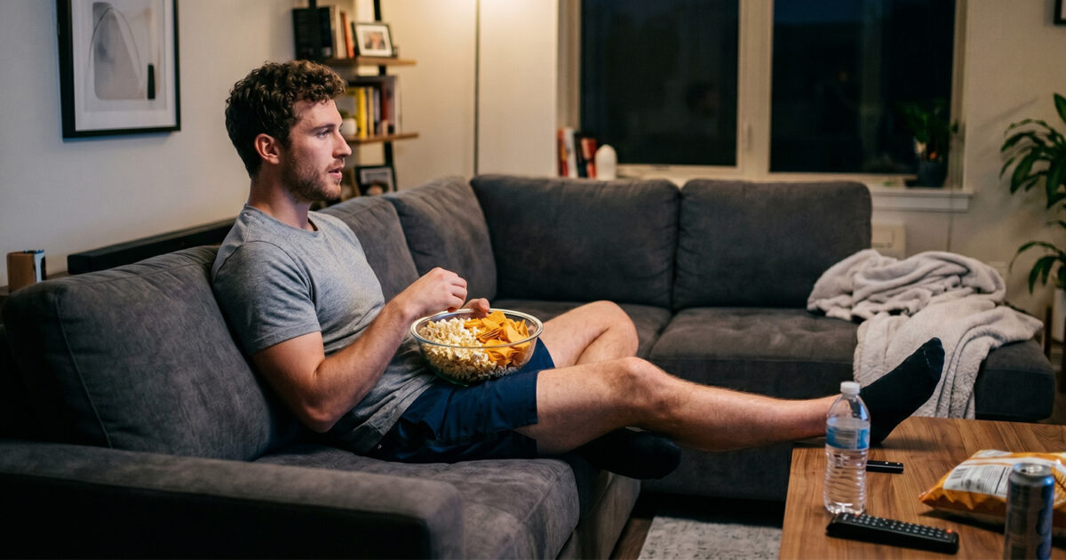 Does eating while watching TV make you overeat? - Man relaxing on sofa eating popcorn and chips while watching TV at home with drinks and snacks on table