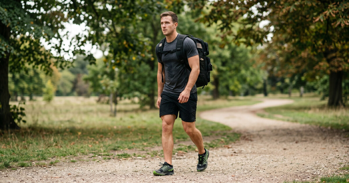 Was ist Rucking? Hier erfährst du alles, was du wissen musst - Mann wandert mit Rucksack auf einem Waldweg in der Natur