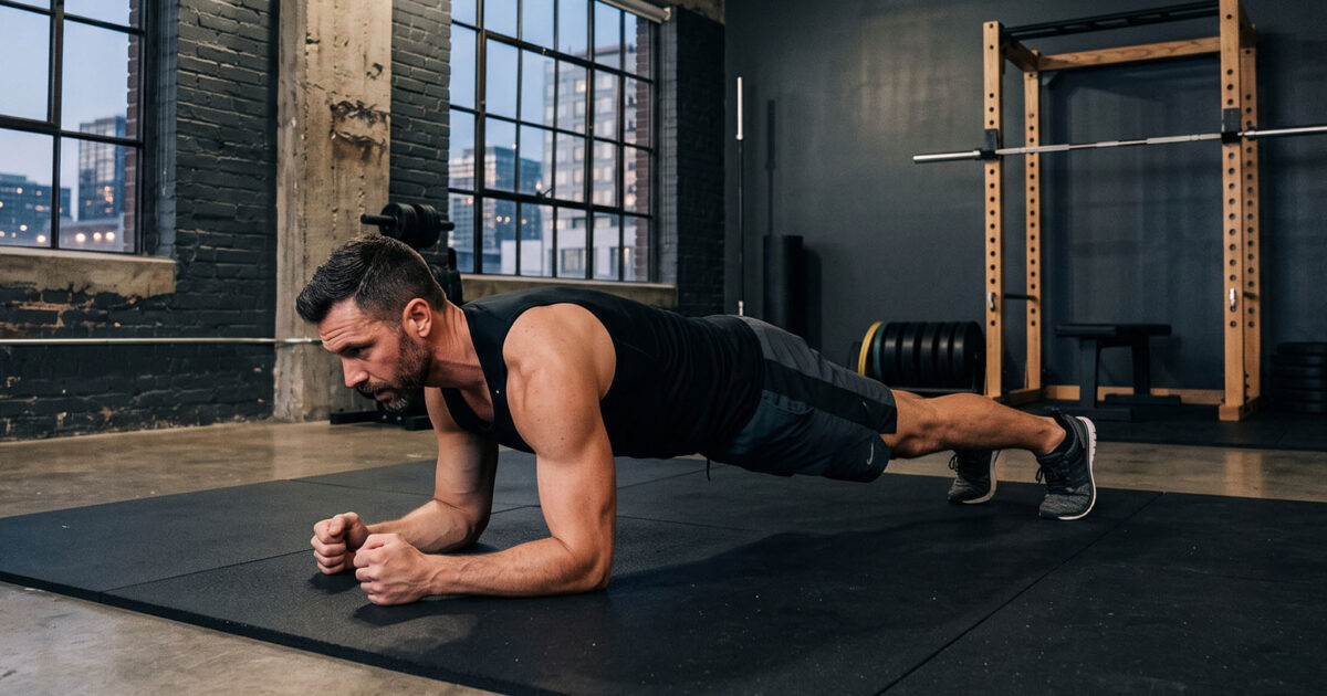 Die 5-5-5-30-Regel: Warum alle diesen Trend ausprobieren - Mann hält Plank-Position auf den Unterarmen auf einer Gym-Matte im Industrial-Style Fitnessstudio