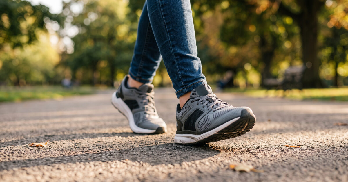 8 Wege, täglich mehr Kalorien zu verbrennen - Nahaufnahme einer Person, die mit Laufschuhen auf einem Parkweg im Freien läuft