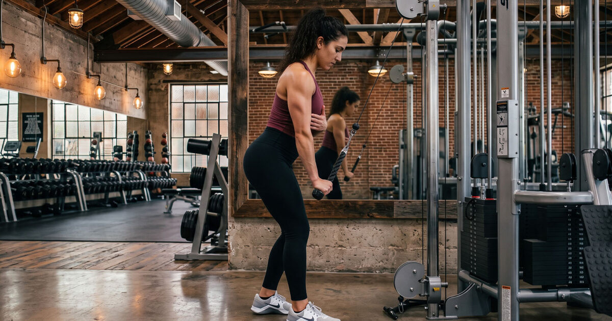Les meilleurs groupes musculaires à combiner - Femme effectue un pushdown triceps à la poulie dans un club moderne avec des machines de musculation et un miroir en arrière-plan