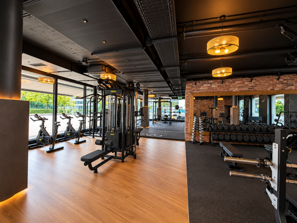 Freihantel- und Krafttrainingsbereich mit Kurzhanteln und Trainingsbänken im EVO Zürich Dübendorf.