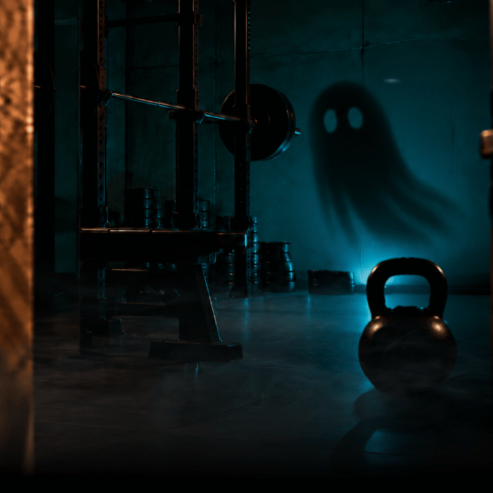Halloween gym scene with a ghostly shadow, weights and atmospheric blue lighting.